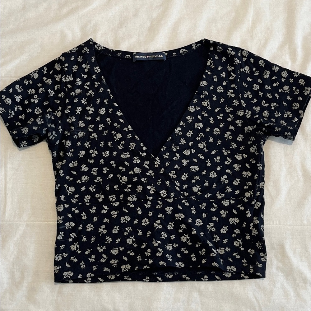 Brandy Melville Navy Top with White Floral Accents